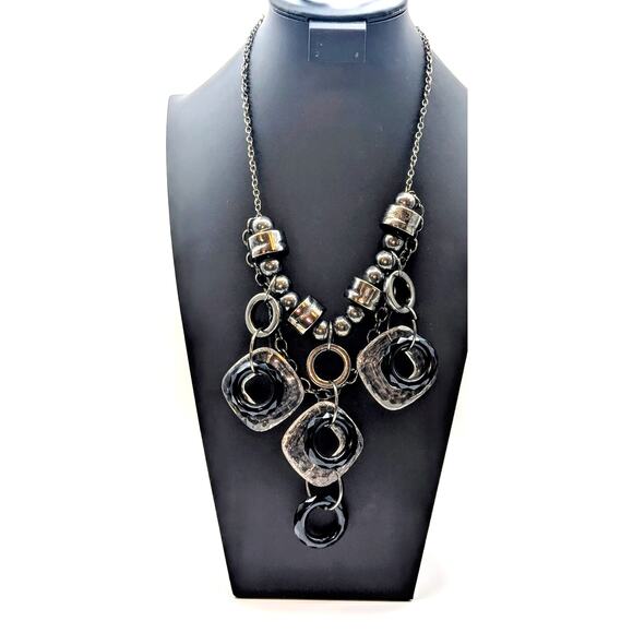 Chunky Geometrical Gun Metal Crackled Clear & Black Loopy Bead Chain Necklace - Picture 9 of 9